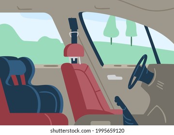 Empty Car Cabin Interior With Child Safety Seat, Flat Vector Illustration. Driverless Electric Car Or Autopilot Vehicle, Empty City Automobile Inside View.