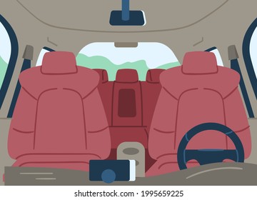 Empty car cabin or interior view from windshield, flat vector illustration. Autonomous smart driverless electric car or autopilot vehicle, empty automobile.