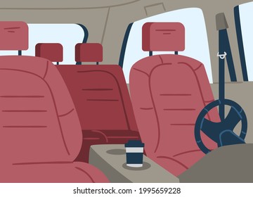 Empty car inside view of cockpit from windshield, flat vector illustration. Car interior with empty driver and passenger seats and dashboard with steering wheel.