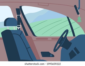 Empty Car Interior Side View On Driver Seat With Steering Wheel, Flat Vector Illustration. Driver Chair With Landscape View From Window In Empty Car Cabin Interior.