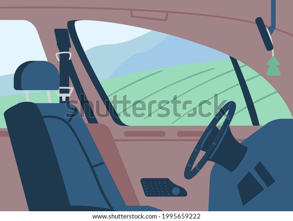 Empty car interior side view\
on driver seat with steering wheel, flat vector illustration.\
Driver chair with landscape view from window in empty car cabin\
interior.