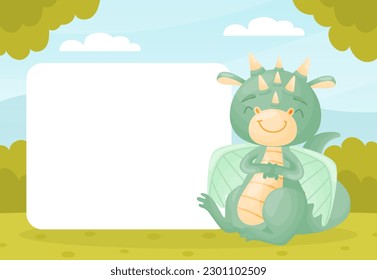 Empty Card with Cartoon Cute Baby Dragon with Wing and Tail Vector Template