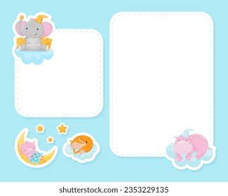 Empty Card with Cute Animal Sleeping Having Bedtime Vector Template