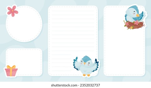 Empty Card with Cute Blue Bird with Wings and Beak Vector Template