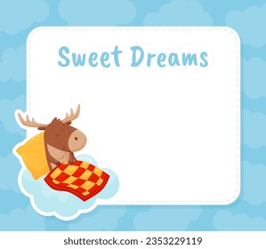 Empty Card with Cute Elk Sleeping on Pillow Cover with Blanket Having Bedtime Vector Template