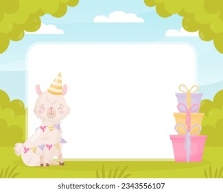 Leere Karte mit Cute Fluffy Llama oder Alpaca Character Vector Template