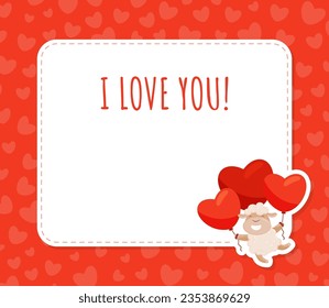 Empty Card with Cute Sheep Animal Holding Heart Red Balloons Vector Template