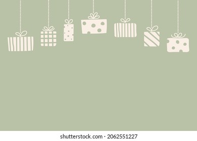 Empty card with hanging Christmas present boxes concept. Vector