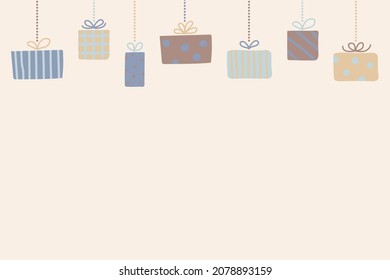 Empty card with hanging Christmas present boxes concept. Vector