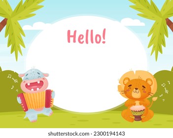 Empty Card with Hippo and Lion Playing Musical Instrument Vector Template