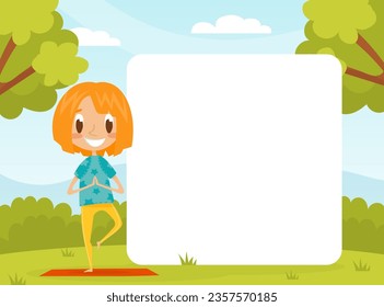 Empty Card with Little Girl Doing Yoga Enjoy Summer Activity Vector Illustration