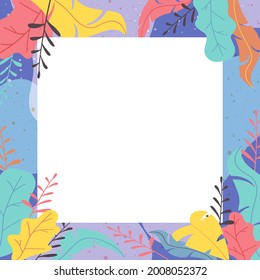 Empty Card on blue background with exotic plants. Modern abstract floral design with leaves in purple colors. Illustration for paper, cover, cards, posters, banners, clothing design and other users 