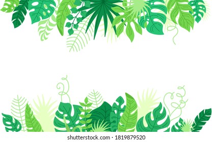 Empty card from tropical leaves, cartoon style. Trendy flat hawaiian abstract template banner. Tropic rainforest foliage border with monstera, banana leaves. Frame for text. Vector illustration