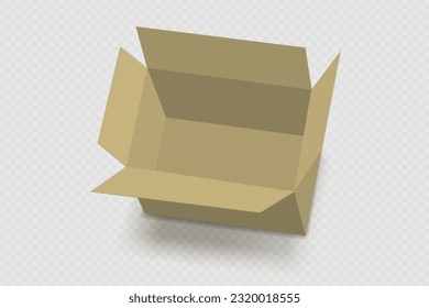 Caja de cartón vacía aislada en transparente. Cajón de cartón realista abierto. Modelo de embalaje de paquetes para mercancías, paquetes aislados para envío de mercancías. Caja de carga de entrega. 3.ª ilustración vectorial
