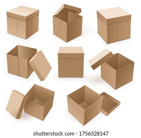 Empty cardboard box. Open brown box mockup isolated on white background. Storage packaging or blank cardboard set for delivery parcel vector illustration