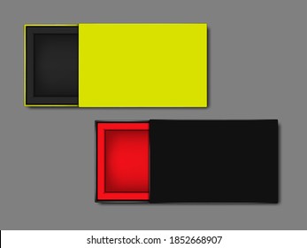 Empty cardboard box with open lid, top view. Vector template. Black and bright neon colored paper packaging box. Easy to recolor.