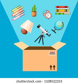 Empty cardboard box. Opened cardboard box with falling objects. Delivery concept. Vector illustration on blue background.