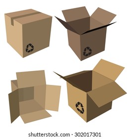 Empty cardboard box set. Vector illustration.