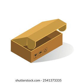 An empty cardboard box sits alone on a white background, featuring an open top. It is designed for delivery, showing symbols indicating care for contents.