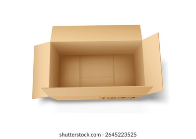 Caja de cartón vacía vista desde arriba. Diseño sencillo y práctico. Ideal para almacenamiento o envío. Tonos marrones neutros sobre un fondo blanco limpio.