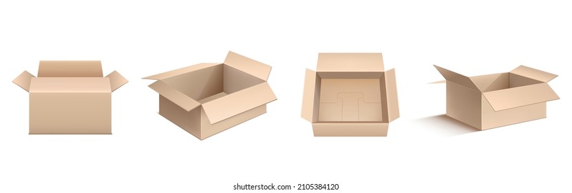 Cajas de cartón vacías, paquete de cartón marrón delante, ángulo y vista superior. Modelación vectorial realista de cajas abiertas para carga, paquete, almacenamiento y envío frágiles aislados en fondo blanco