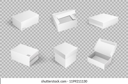 Empty cardboard cartoon containers isolated on transparent. Set of vector boxes for delivering goods and food transportation, takeaway packages icons