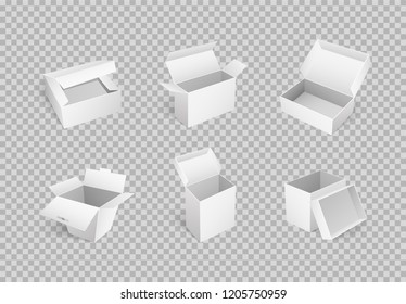 Empty cardboard cartoon containers isolated on transparent. Set of vector boxes for delivering goods and food transportation, takeaway packages icons