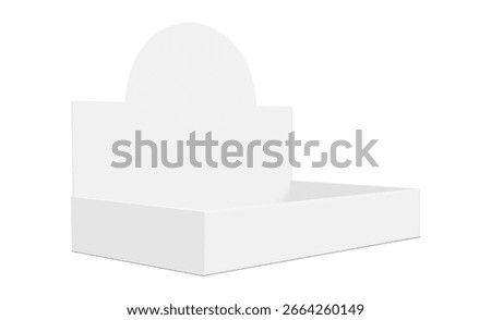 Empty cardboard display box mockup with rounded top, side perspective view. Ideal vector for packaging design, retail branding, product display, advertising, and POS materials