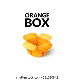 Empty cardboard packaging, open orange box icon in cartoon style, vector illustration
