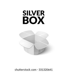 Empty cardboard packaging, open silver box icon in cartoon style, vector illustration