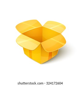 Empty cardboard packaging, open yellow box icon in cartoon style, vector illustration