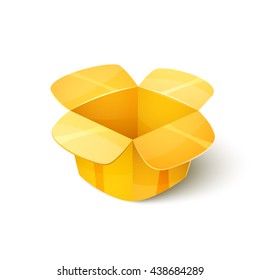 Empty cardboard packaging, open yellow box icon in cartoon style, vector illustration