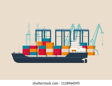 Empty cargo ship under crane bridge in the container terminal. Logistics and transportation concept. Vector illustration