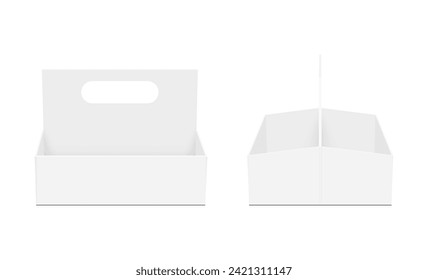 Empty Carrier Box Mockup, Cardboard Boxes With Handles, Front, Side View, Isolated On White Background. Vector Illustration