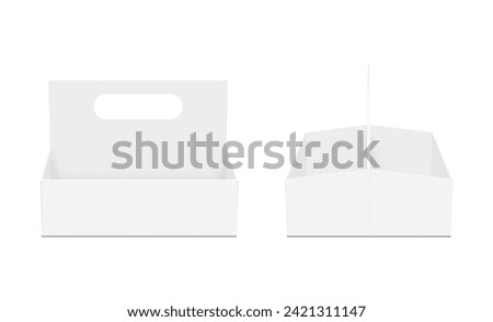 Empty Carrier Box Mockup, Cardboard Boxes With Handles, Front, Side View, Isolated On White Background. Vector Illustration