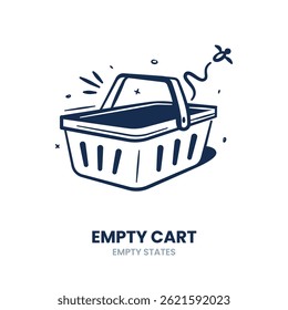 Carrinho vazio, cesta, sem itens, compras vazias, carrinho vazio, sem produtos, cesta, carrinho em branco, check-out. Ilustração de vetor