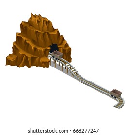 An empty cart leaves on rails from the mine isolated on a white background. Cartoon vector close-up illustration.