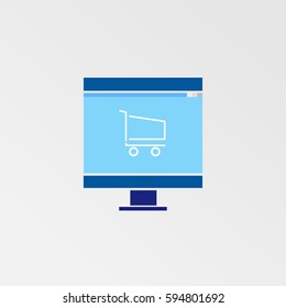 Empty Cart Vector Icon, The symbol of monitor with empty cart on screen. Simple, modern flat vector illustration for mobile app, website or desktop app 