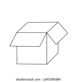 Empty carton box for shiping isolated on white background. Simple vector illustration in doodle outline style. Post service, packaging for parcels, products in supermarket, gifts, humanitarian aid