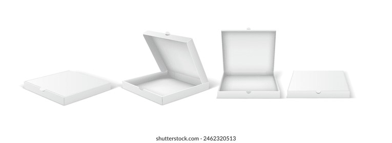 Empty carton pizza boxes realistic vector illustration set. Fastfood restaurant products blank packaging 3d objects on white background