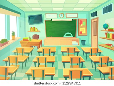 Empty cartoon classroom. School exam room with elementary class chalkboard and blackboard desks lesson college supplies students. Modern mathematical classrooms table interior vector illustration