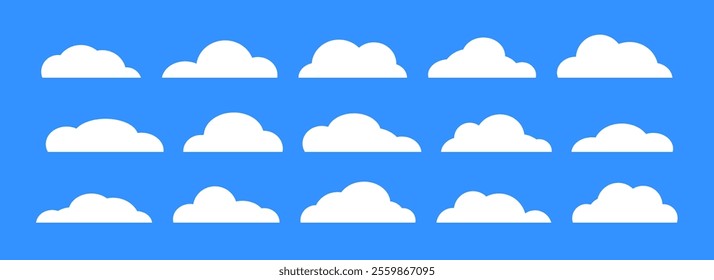 Empty cartoon clouds on purple background. Comic cloud shapes set for icon, poster, banner, label, badge, tag, logo, decoration. White blank speech bubble collection. Textbox claud bundle. Vector
