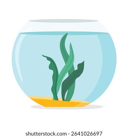 Empty cartoon fishbowl icon. Fishbowl aquarium with sand and algae plant, isolated on white background. Glass fishbowl filled with clear water, plant and decorative sand. Vector illustration