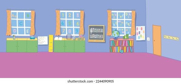 Empty cartoon school room background illustration with interior design