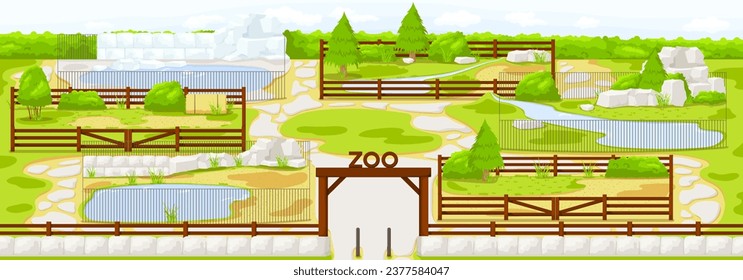 Empty cartoon zoo. Blank aviary and enclosure. Picturesque landscape, outdoor nature. Park enclosure, wild environment, outside background. Vector illustration