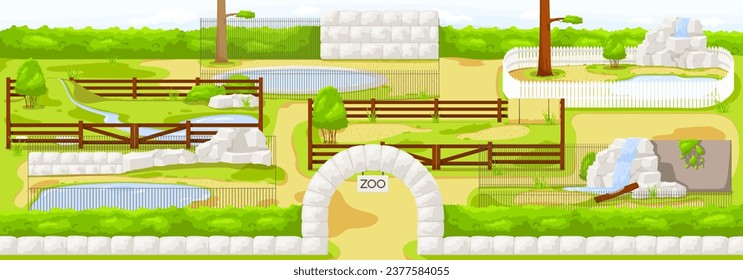 Empty cartoon zoo. Blank aviary and enclosure. Picturesque landscape, small pond and stream, outdoor nature. Park enclosure, wild environment, outside background. Vector illustration