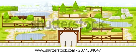 Empty cartoon zoo. Blank aviary and enclosure. Picturesque landscape, outdoor nature. Park enclosure, wild environment, outside background. Vector illustration