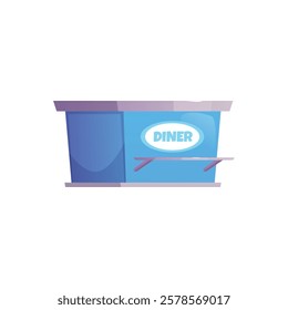 Empty cash desk counter vector illustration for cafe. Blue counter with bag stand and signboard. Retail service equipment. Interior Furniture. Flat cartoon style. Isolated background.