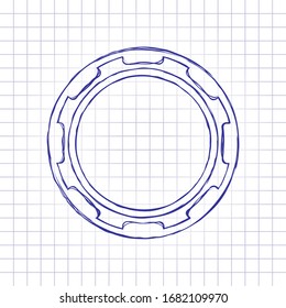 Empty casino or poker chip. Hand drawn picture on paper sheet. Blue ink, outline sketch style. Doodle on checkered background