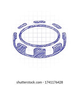 Empty casino or poker chip. Hand drawn sketched picture with scribble fill. Blue ink. Doodle on white background